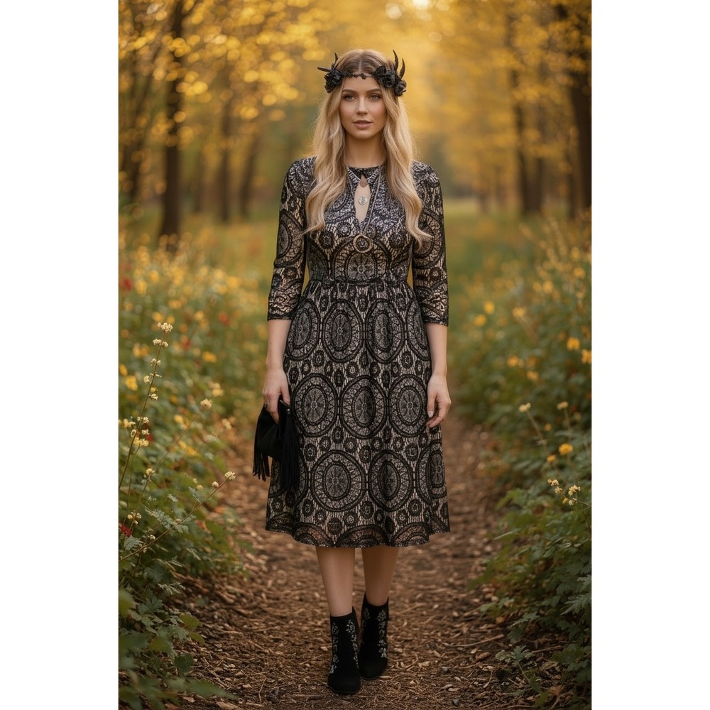 Whimsigoth Lace Medallion Mini Dress Womens M Cutout Back Romantic Boho Coquette
